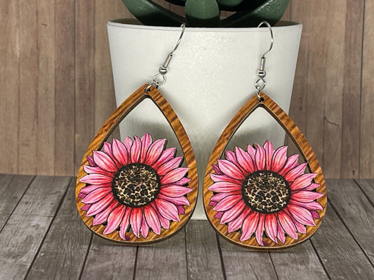 Wooden Sunflower Droplet Earrings